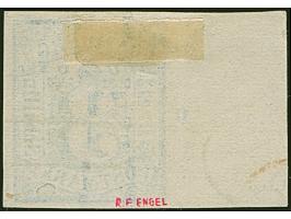 3 Sch. preußischblau, voll- bis breitrandig, Links mit ca 15 mm Bogenrand, mit Duplex-Entwertung durch Oval-und Strichstempel