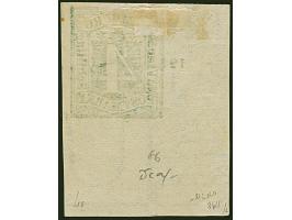 4 Sch. gelbgrün aus der linken unteren Bogenecke mit breiten Bogenrändern, Reihenzähler “12” Und großen Teil des Randwasserze