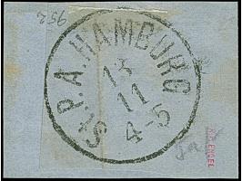 1¼ &nbsp;Sch. graupurpur, linkes Randstück mit breitem Bogenrand und Reihenzähler “4”, mit sauber aufgesetzter Nr. “2” auf Br