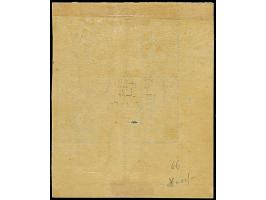 3 Sch. ultramarin, ungezähnt, im 4er-Block aus der linken unteren Bogenecke mit Reihenzählern “11” und “12” und großem Teil d