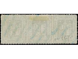 1¼ Sch. graupurpur im waagerechten 3er-Streifen, farbfrisch und gut durchstochen, sauber entwertet durch blauen Strichstempel