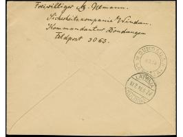 “DUNDAGA 5.7.19” on Liberation of Riga 5 kap red, single and horizontal strip of three and 15 kap green, on registered cover 