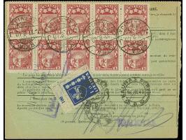 1933, Coat of arms 5 lats green, with additional franking, tied by cds. “RIGA 10.8.40” to parcel card to Kaunas, there franke