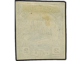 2 P., ungezähnter Probedruck in blau, breitrandig ungezähnt, ungummiert. Vorderseitig teils bedruckter Fremdkörpereinschluss 