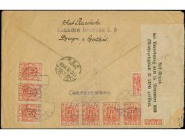 1919, Coat of arms 15 f. red, horizontal strip of five, of three, two horizontal pairs and single, tied by cds. “DZURYN 4 XII