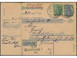 1920, 50 Pfg. im senkrechten Paar, 20 Pfg. und zwei Einzelmarken 5 Pfg. jeweils mit Stempel “Saarbrücken 3 (St. JOHANN) 21.6.