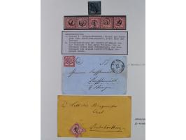 1850/72 (ca.), interessante Stempelsammlung auf Marken, Briefstücken und Briefen, dabei blaue und rote Nummernstempel, Fremde