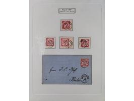 1850/72 (ca.), interessante Stempelsammlung auf Marken, Briefstücken und Briefen, dabei blaue und rote Nummernstempel, Fremde