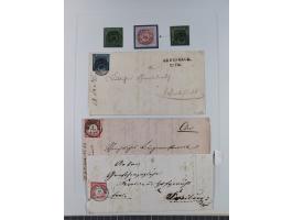 1850/72 (ca.), interessante Stempelsammlung auf Marken, Briefstücken und Briefen, dabei blaue und rote Nummernstempel, Fremde