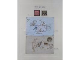 1850/72 (ca.), interessante Stempelsammlung auf Marken, Briefstücken und Briefen, dabei blaue und rote Nummernstempel, Fremde