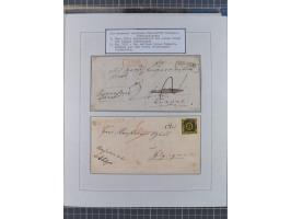 1850/72 (ca.), interessante Stempelsammlung auf Marken, Briefstücken und Briefen, dabei blaue und rote Nummernstempel, Fremde