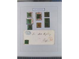 1850/72 (ca.), interessante Stempelsammlung auf Marken, Briefstücken und Briefen, dabei blaue und rote Nummernstempel, Fremde
