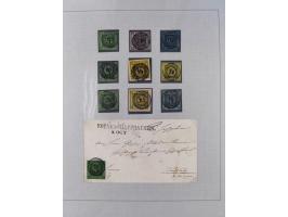 1850/72 (ca.), interessante Stempelsammlung auf Marken, Briefstücken und Briefen, dabei blaue und rote Nummernstempel, Fremde