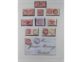 1850/72 (ca.), interessante Stempelsammlung auf Marken, Briefstücken und Briefen, dabei blaue und rote Nummernstempel, Fremde