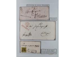 1850/72 (ca.), interessante Stempelsammlung auf Marken, Briefstücken und Briefen, dabei blaue und rote Nummernstempel, Fremde