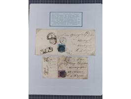 1850/72 (ca.), interessante Stempelsammlung auf Marken, Briefstücken und Briefen, dabei blaue und rote Nummernstempel, Fremde