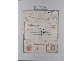 1850/72 (ca.), interessante Stempelsammlung auf Marken, Briefstücken und Briefen, dabei blaue und rote Nummernstempel, Fremde