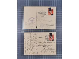 1940/43,  Propaganda, acht FP-Spottkarten: 4 x Chamberlain (3 St. gestempelt) 2 x Churchill (2 St. gestempelt) und 2 x Stalin