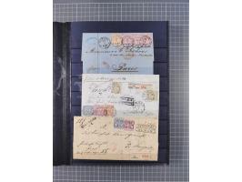1868/71, interessante Partie im Steckbuch, dabei diverse Belege mit auch Farbfrankaturen, Paketbegleitbriefen, Auslandspost, 