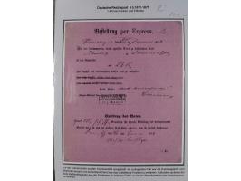 1872/75, sehr interessante Partie mit 18 markenlosen Formularen und Verwendungen. Dabei u.a. großformatiger Wertbrief mit EKr
