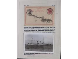 1895/1918, kleine aufgezogene Sammlung 21 Briefen und Karten mit diversen Schiffspost-Stempeln, dabei SMS Hansa, Nixe, Kormor