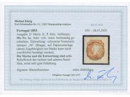 1853, Maria II 5 r. light brown, full to wide margins, clearly cancelled with numeral ‘56’ (BRAGA) on paper backing, colour f