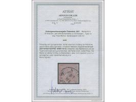 1851, “Rosa Merkur” 30 Kr., Type Ib, dreiseitig voll- bis breitrandig, oben kurz die Randlinie berührend, mit DKr. “(ZEITUNGS