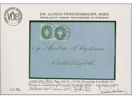 1865, Folded letter from Burgas to Constantinople bearing Lomb.-Ven. pair 10 sld. blue tied by very fine single circle ‘BURGA