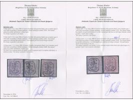 1885, 5 pa. lilac on dull lilac, 10 pa. green and 20 pa. rose, five stamps unused with Lion overprint, all with Opinion Hitzl