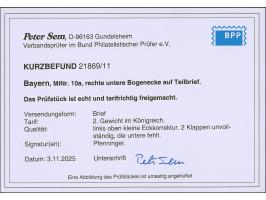 6 Kr. blau, allseits breitrandige rechte untere Bogenecke, zweiseitig mit Zwischenlinien, rechts und unten mit ca. 5/10 mm Bo