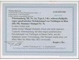 Tuttlingen, enger quadratischer Strichstempel, praktisch komplett abgeschlagen auf 3 Kr. auf hellgelb, teils berührt. Fotobef