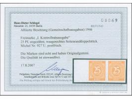 1946, Ziffern 25 Pfennig ungezähnt, waagerechtes Paar vom linken Bogenrand, postfrisch, einwandfrei. Fotobefund H.-D. Schlege