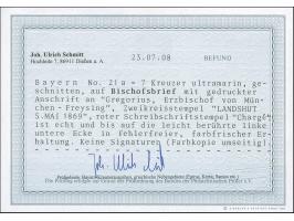 7 Kreuzer ultramarin, links unten etwas berührt, sonst voll- bis breitrandig, mit DKr. "LANDSHUT 5 Mai 1869" und nebengesetzt