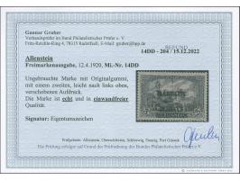 1920, Aufdruckausgabe Germania 3 M. schwarzviolettgrau, Doppelaufdruck, ungebraucht, tadellos, rückseitiges Eigentumszeichen,