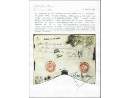 "S.BENEDETTO 11/1", EKr. auf 2 Einzelwerten 1858, &nbsp;3 Soldi grün, in Mischfrankatur mit 1863,10 Soldi und (rückseitig gek