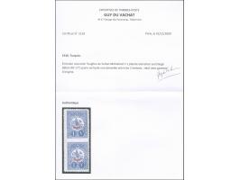 1910, 1 pia. blue vertical pair with blue “B” (beyiye) overprint, variety ‘imperf between’, unused, fine and scarce. Certific