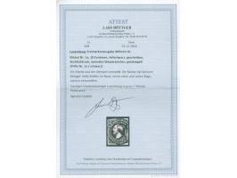 Luxemburg, target cancel in green (pointe perforante) on 1852, 10 c. deep black, clear to large margins, small faults. Opinio