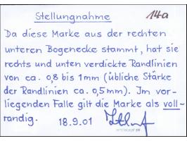 1859, 9 Kr. mittelrotkarmin, allseits vollrandig, aus der rechten unteren Bogenecke stammend mit verdickten Randlinien rechts