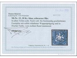 1859, 18 Kr. blau, allseits noch voll- bis breitrandig, vom rechten Rand stammend mit DKr. “ESSLINGEN”. Die farbfrische Marke