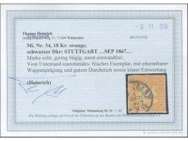 1865, 18 Kr. orange, farbfrisch mit gutem Durchstich, mit klarem DKr. “STUTTGART”, etwas bügig, ansonsten in einwandfreier Er