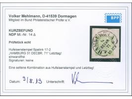 “HAMBURG I.A. 31.DECBR.71” (Spalink 17-2) klar und kpl. auf NDP ⅓ Gr. gezähnt auf Briefstück in einwandfreier Erhaltung. Ein 