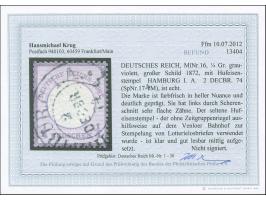 “HAMBURG I.A. 2. DECBR.74” ohne Zeitgruppenriegel (Spalink 17-4M) klar und mittig auf großer Schild ¼ Gr. violett. Die farbfr