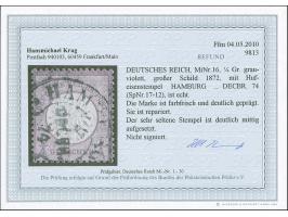 “HAMBURG-L.E. …DECBR.74” (Spalink 17-11) recht klar auf großer Schild ¼ Gr. violett. Die optisch ansprechende Marke ist repar