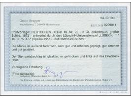 “LÜBECK 16.3.75” (Spalink 22-1) sehr klar und kpl. auf großer Schild 5 Gr. ockerbraun auf Briefstück. Die farbfrische Marke i