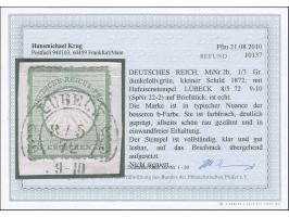 “LÜBECK 8.5.72” (Spalink 22-2) klar und kpl. auf kleiner Schild ⅓ Gr. dunkelolivgrün auf Briefstück. Die farbfrische Marke is