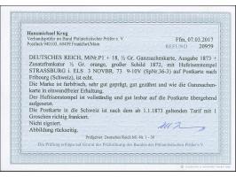 “STRASSBURG i. ELS 3.NOVBR.73” (Spalink 36-4) zweimal klar auf Ganzsachenkarte ½ Gr. mit tarifgerechter Zufrankatur großer Sc
