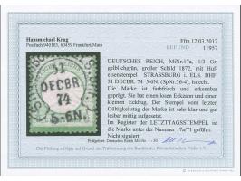 “STRASSBURG i. ELS. BHF. 31.DECBR.74” (Spalink 36-4) klar und zentrisch auf großer Schild ⅓ Gr. gelblichgrün. Die farbfrische