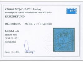 1852, 1/30 Th. auf blau, Type IV, allseits voll- bis breitrandig mit klarem, schwarzen Ra2 “VAREL 8.7.” in einwandfreier Erha
