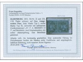 1852, 1/30 Th. auf blau, Type I und II im waagerechten Typenpaar, allseits voll- bis breitrandig, je mit schwarzem DKr. “ST.P
