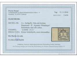 1852, 1/10 Th. auf hellgraugelb mit 10 mm Bogenrand links, allseits breitrandig mit zartem, blauen Ra2 “LOHNE 15.11.”. Die fa